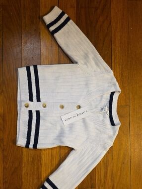 NWT Janie and Jack Cream Cardigan with Navy Trim and Gold Buttons Size 12-18m